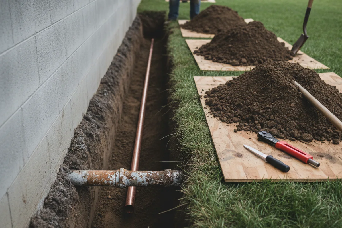 Excavated water line trench during Water Heater Repair in Fairton